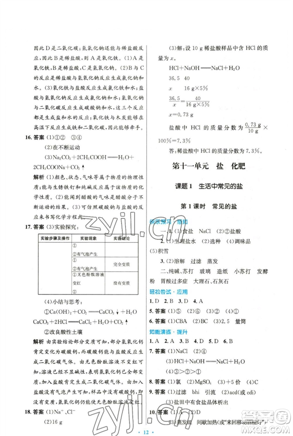 人民教育出版社2023初中同步測(cè)控優(yōu)化設(shè)計(jì)九年級(jí)化學(xué)下冊(cè)人教版精編版參考答案