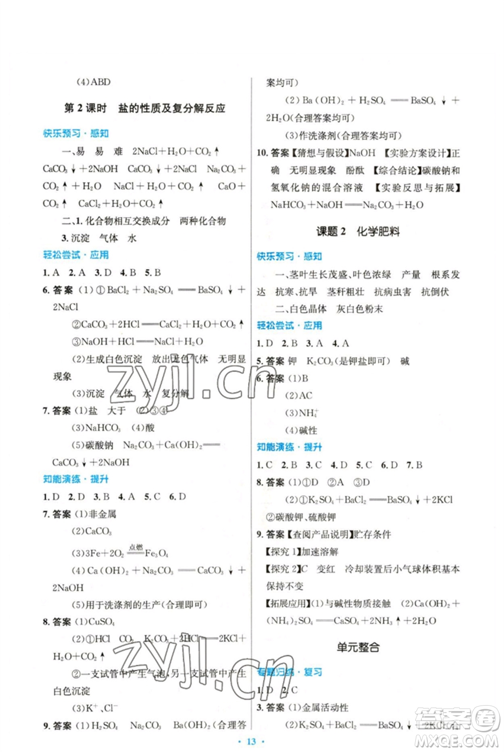 人民教育出版社2023初中同步測(cè)控優(yōu)化設(shè)計(jì)九年級(jí)化學(xué)下冊(cè)人教版精編版參考答案