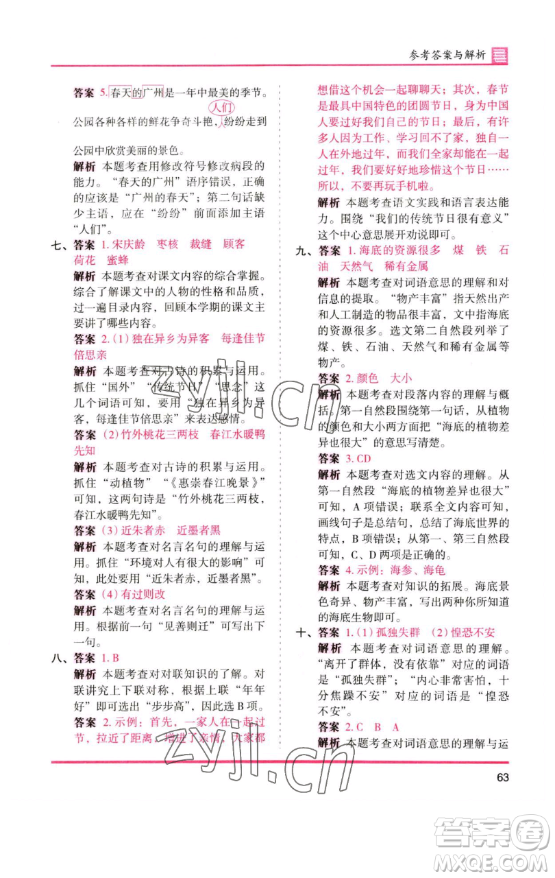 湖南師范大學(xué)出版社2023木頭馬分層課課練三年級(jí)語(yǔ)文下冊(cè)人教版浙江專(zhuān)版參考答案