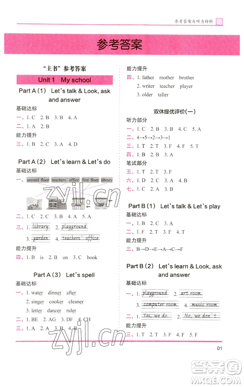 湖南師范大學(xué)出版社2023木頭馬分層課課練四年級(jí)英語(yǔ)下冊(cè)人教版參考答案