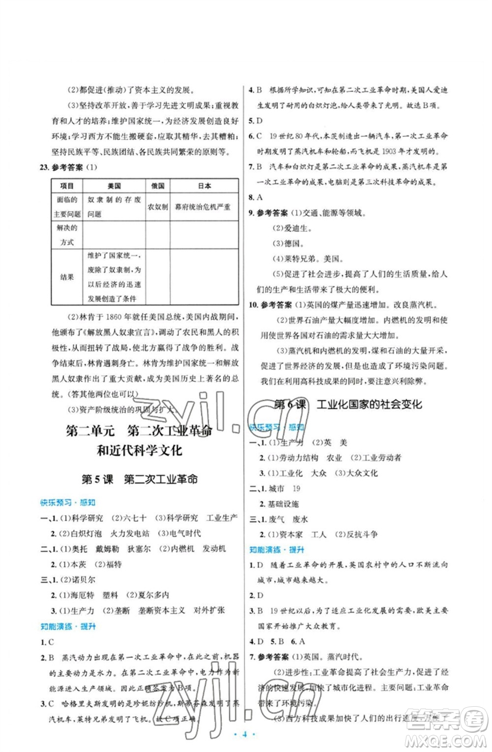 人民教育出版社2023初中同步測控優(yōu)化設(shè)計九年級世界歷史下冊人教版福建專版參考答案