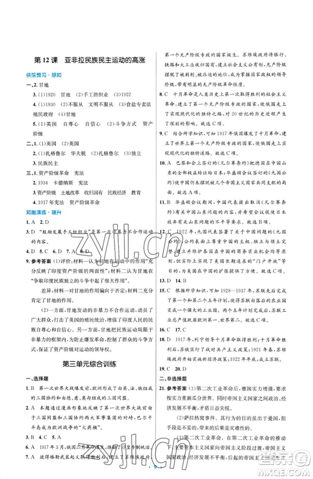 人民教育出版社2023初中同步測控優(yōu)化設(shè)計九年級世界歷史下冊人教版福建專版參考答案