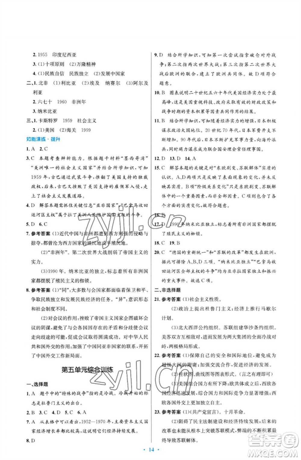 人民教育出版社2023初中同步測控優(yōu)化設(shè)計九年級世界歷史下冊人教版福建專版參考答案