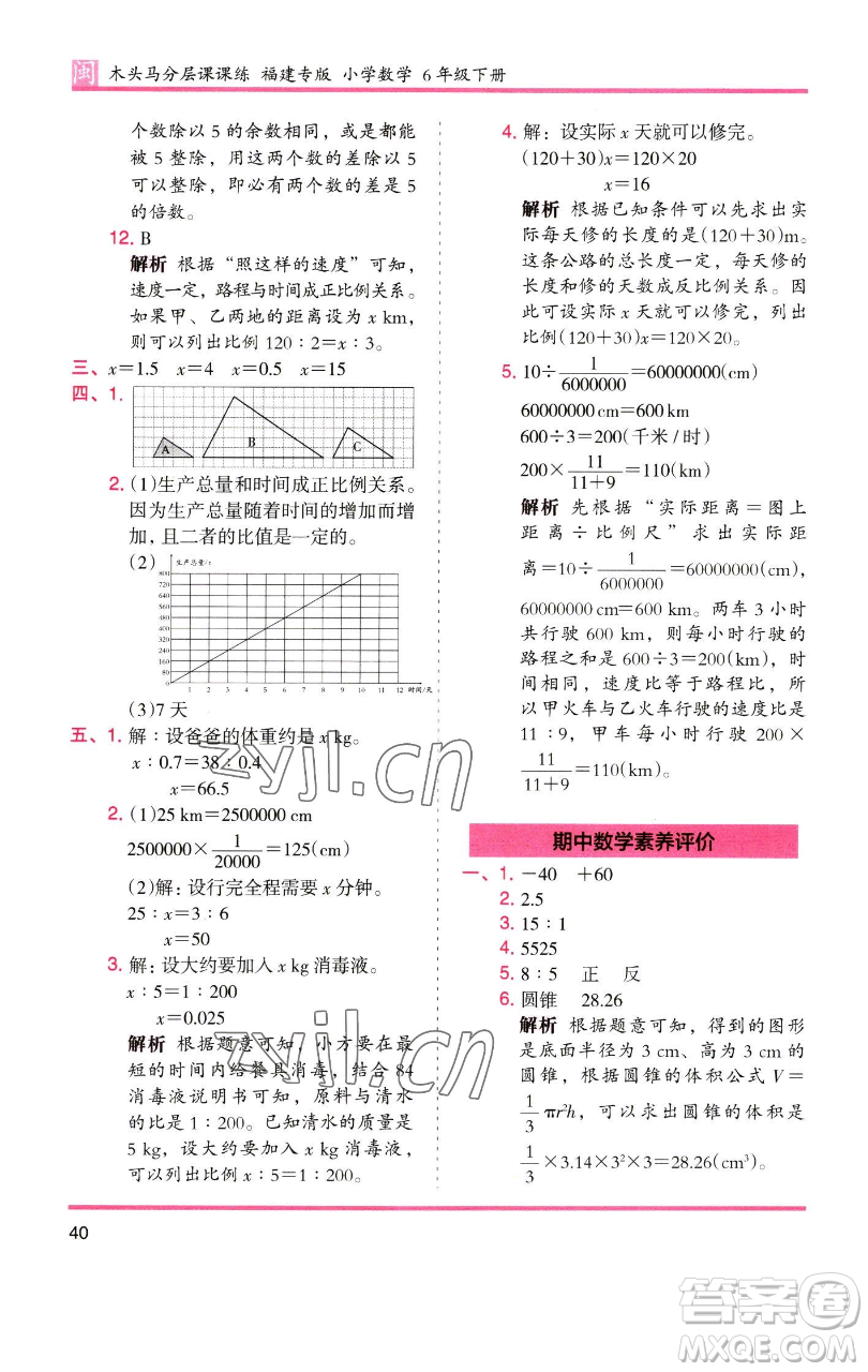 湖南師范大學(xué)出版社2023木頭馬分層課課練六年級(jí)數(shù)學(xué)下冊(cè)人教版福建專版參考答案