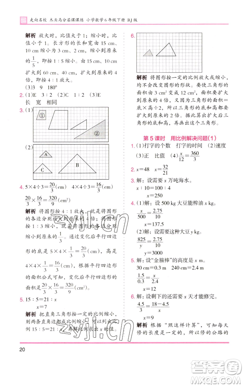 湖南師范大學(xué)出版社2023木頭馬分層課課練六年級數(shù)學(xué)下冊人教版浙江專版參考答案