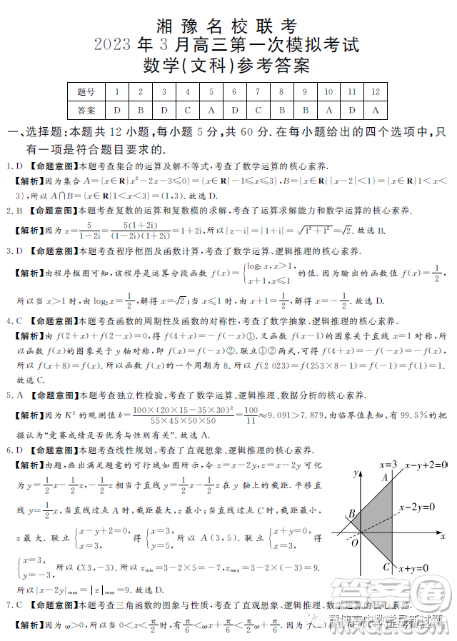 湘豫名校聯(lián)考2023年3月高三第一次模擬考試數(shù)學(xué)文科試卷答案