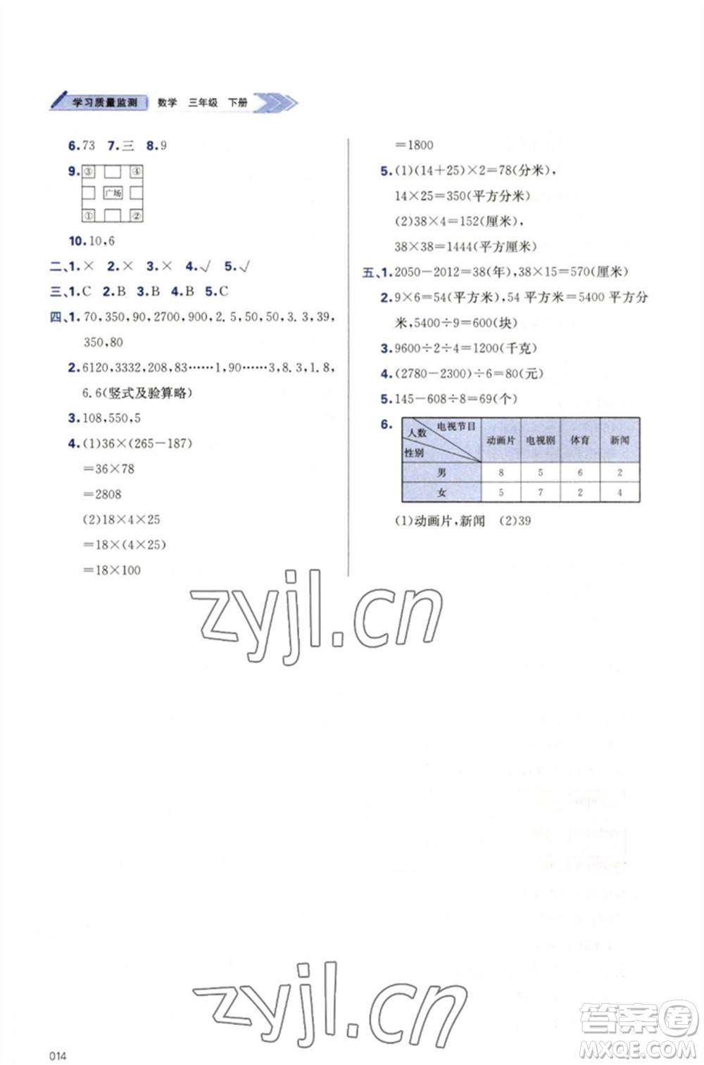 天津教育出版社2023學(xué)習(xí)質(zhì)量監(jiān)測(cè)三年級(jí)數(shù)學(xué)下冊(cè)人教版參考答案