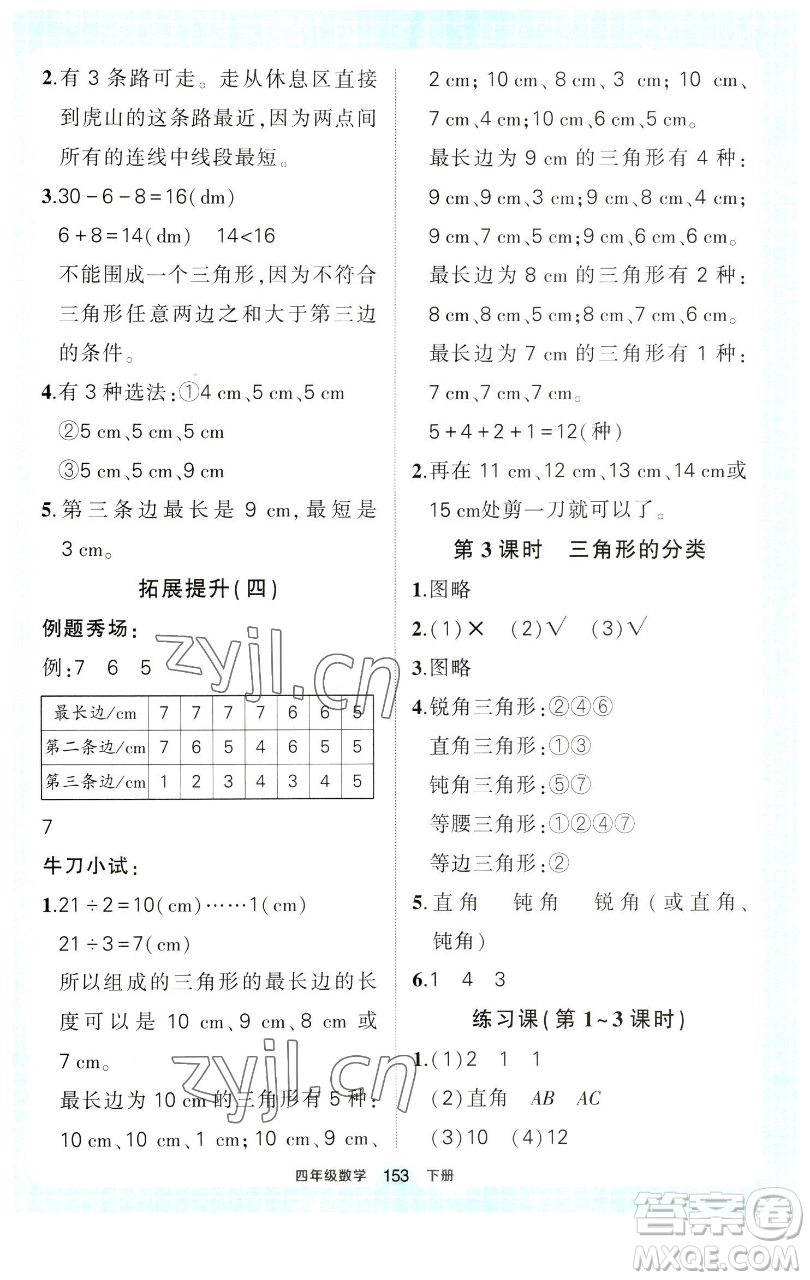 西安出版社2023狀元成才路狀元作業(yè)本四年級(jí)數(shù)學(xué)下冊(cè)人教版參考答案