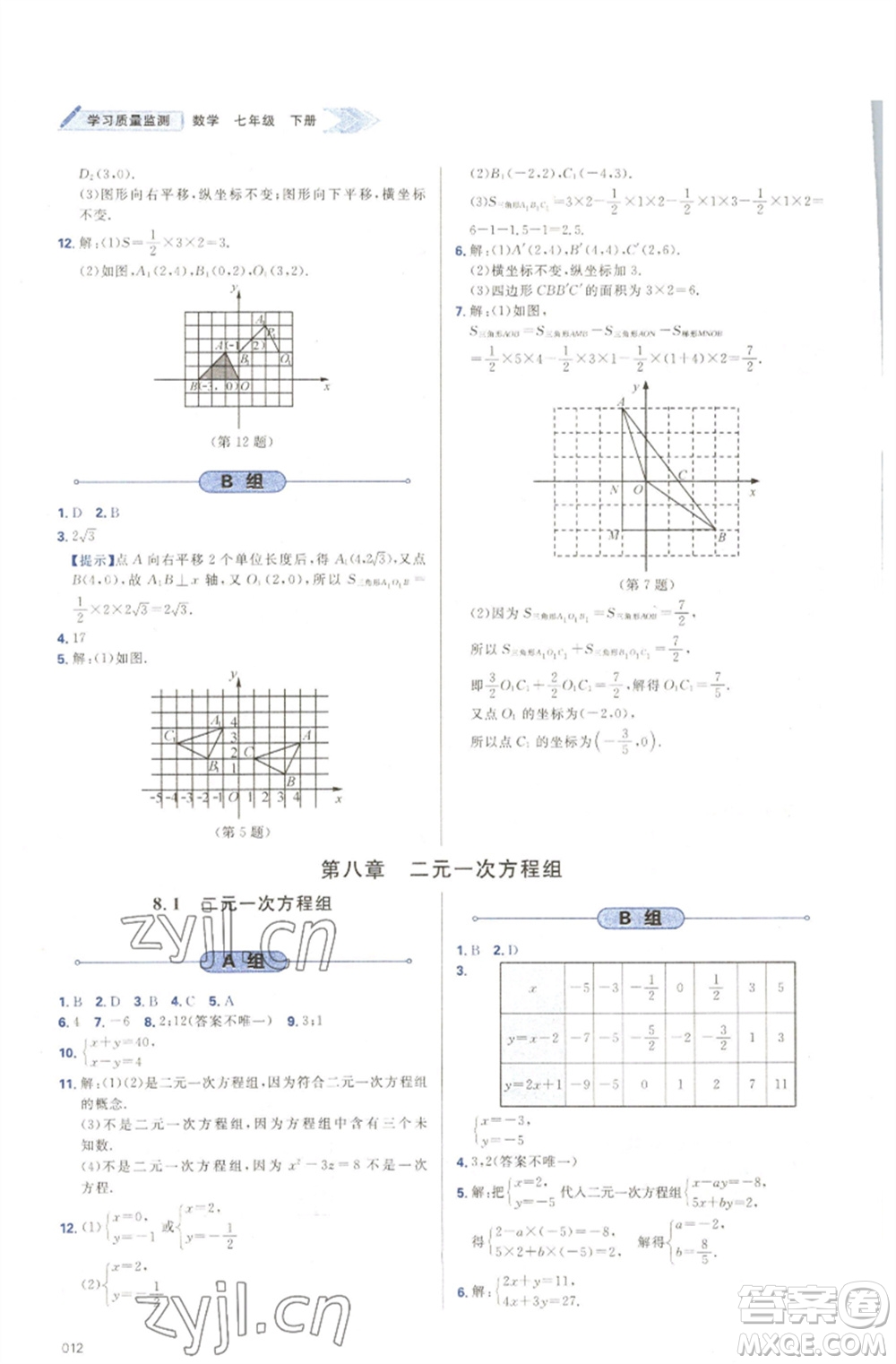 天津教育出版社2023學(xué)習(xí)質(zhì)量監(jiān)測(cè)七年級(jí)數(shù)學(xué)下冊(cè)人教版參考答案