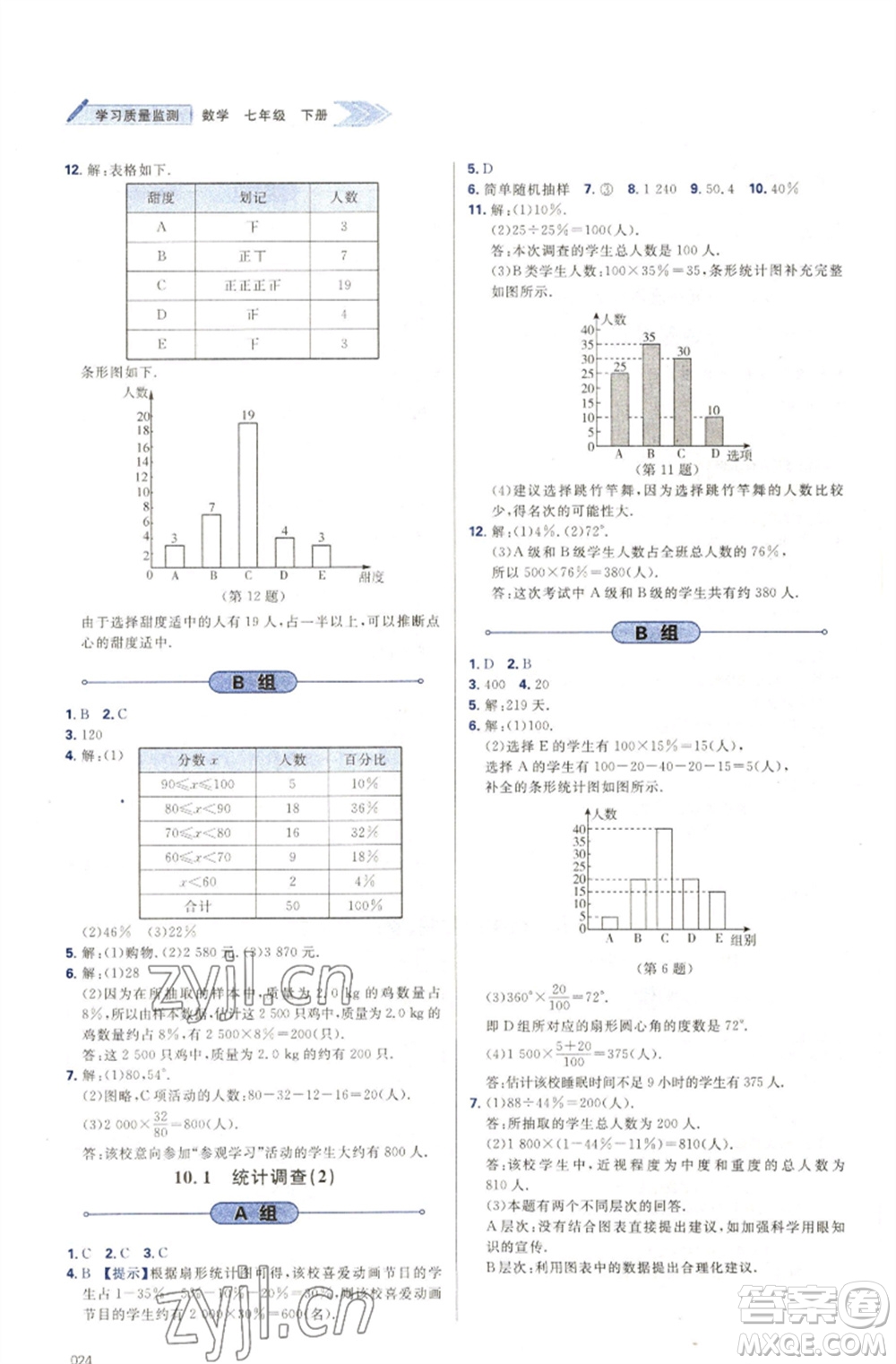 天津教育出版社2023學(xué)習(xí)質(zhì)量監(jiān)測(cè)七年級(jí)數(shù)學(xué)下冊(cè)人教版參考答案