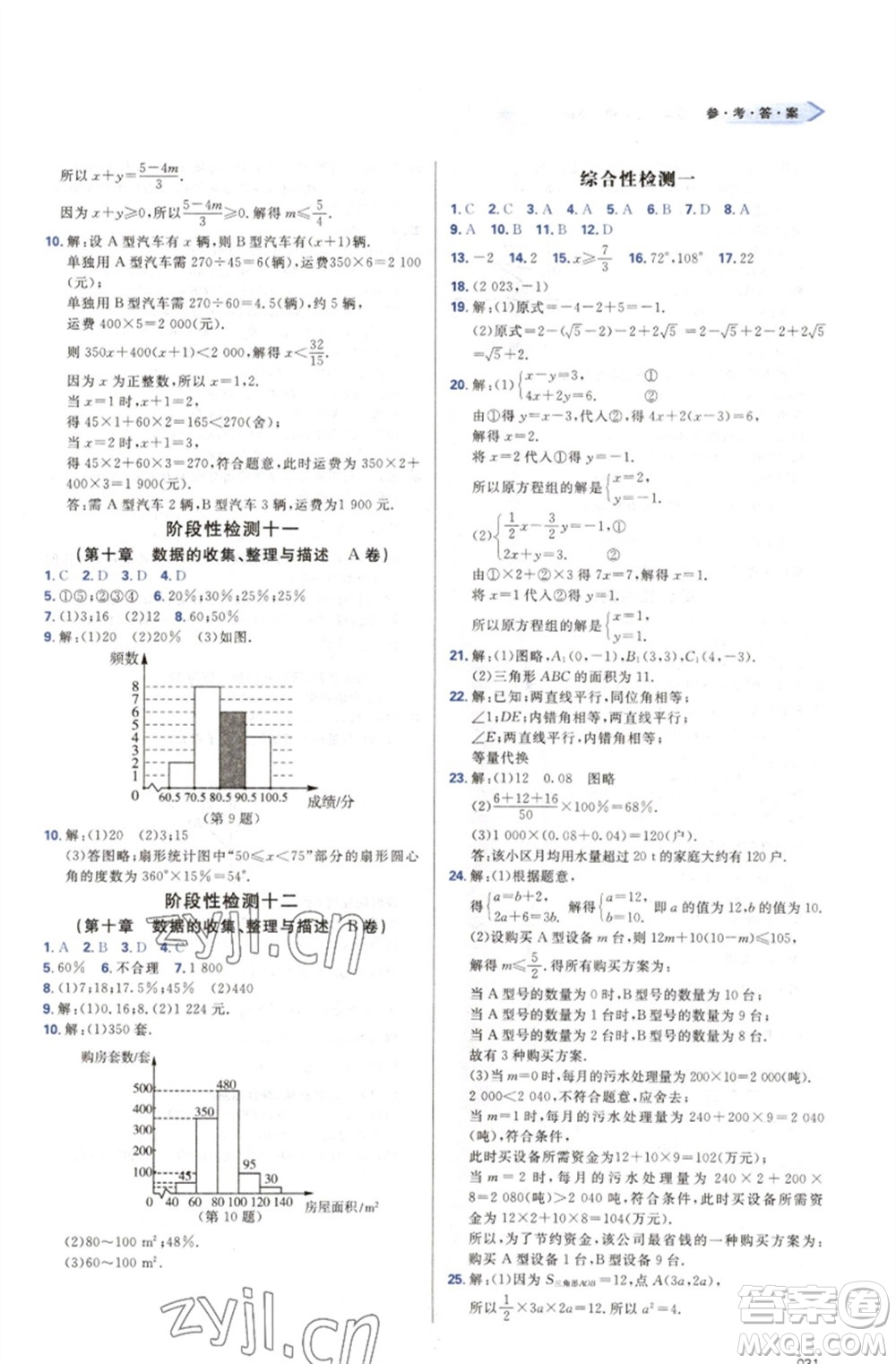 天津教育出版社2023學(xué)習(xí)質(zhì)量監(jiān)測(cè)七年級(jí)數(shù)學(xué)下冊(cè)人教版參考答案