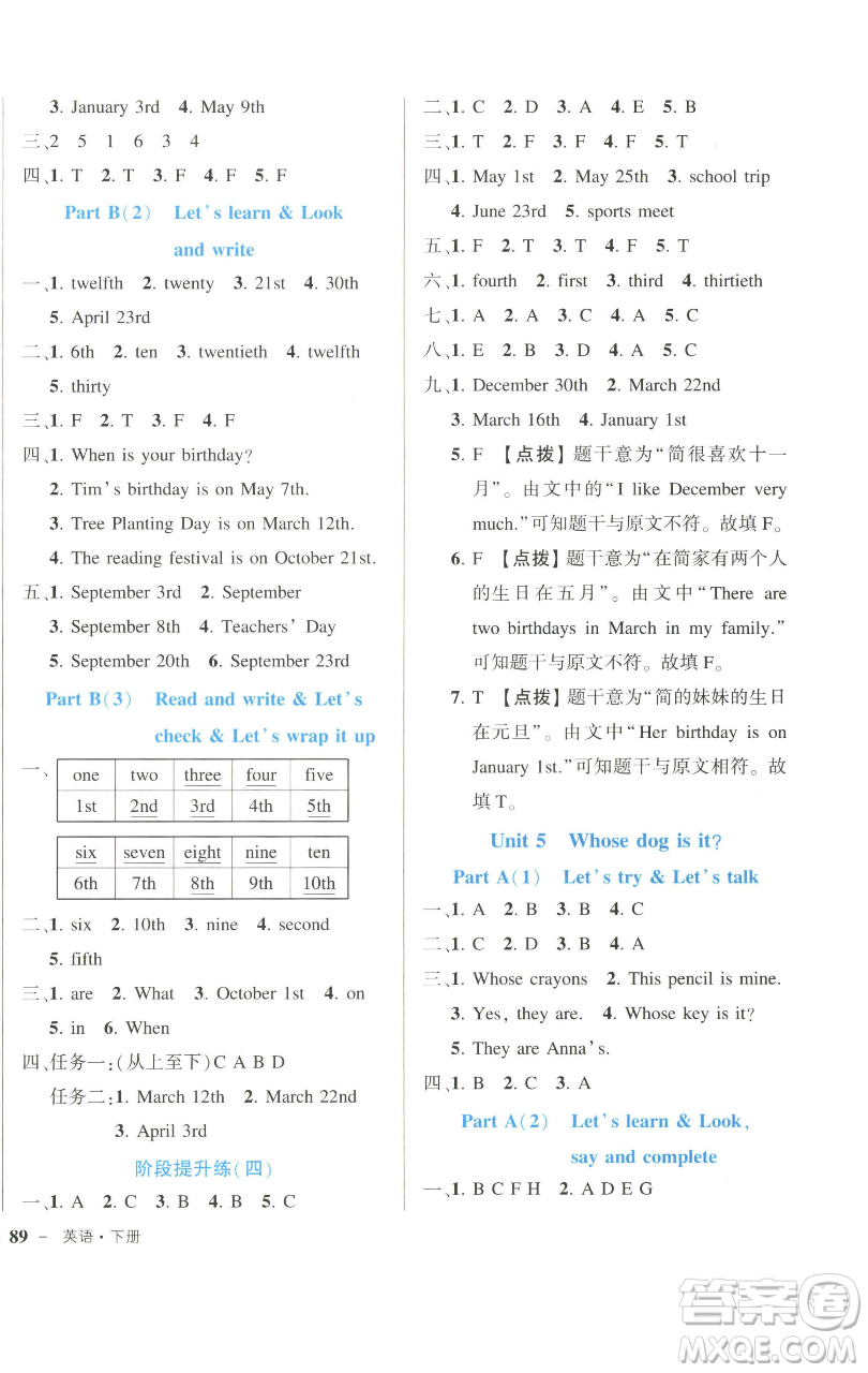 長(zhǎng)江出版社2023黃岡狀元成才路狀元作業(yè)本五年級(jí)英語下冊(cè)人教PEP版參考答案