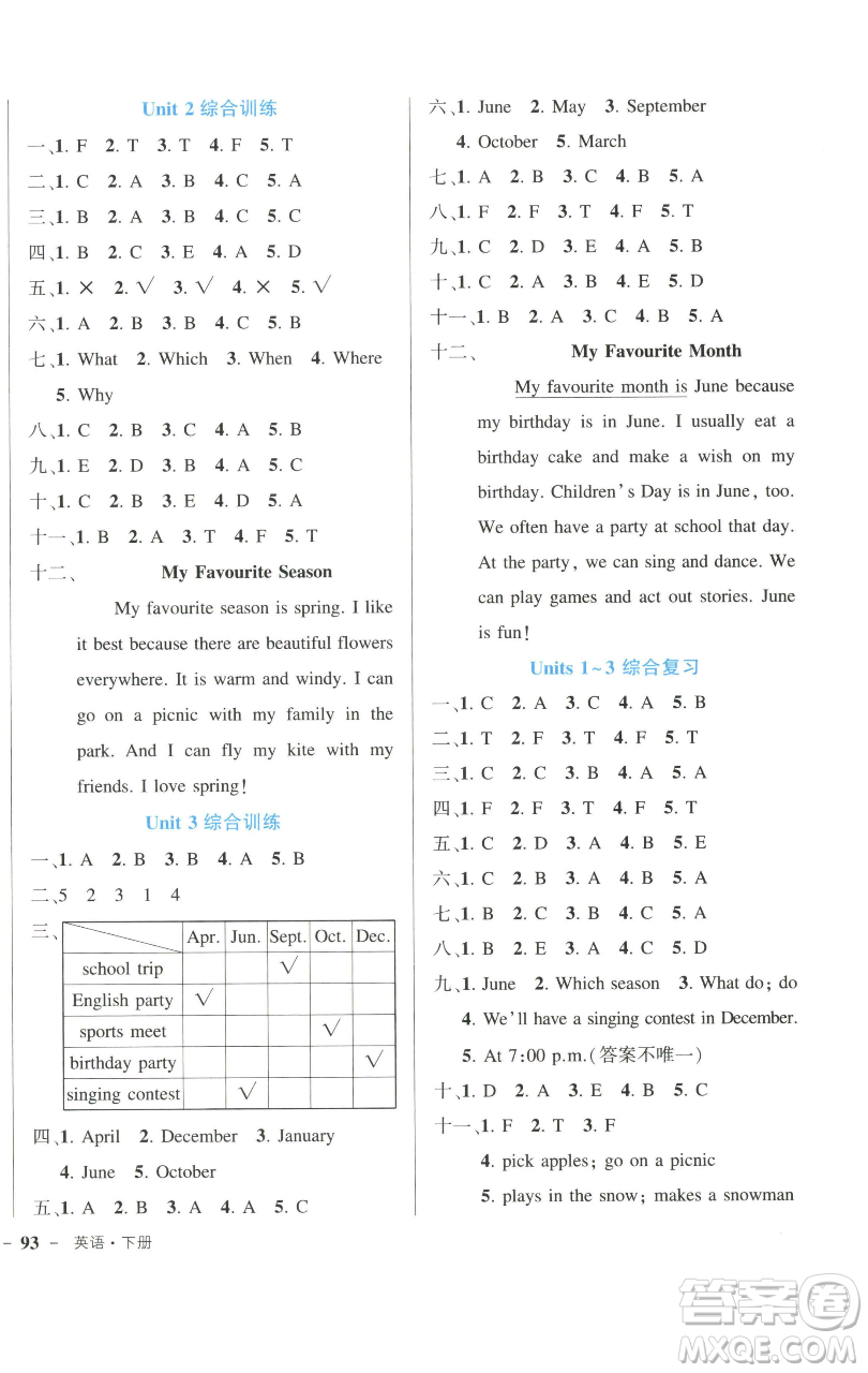 長(zhǎng)江出版社2023黃岡狀元成才路狀元作業(yè)本五年級(jí)英語下冊(cè)人教PEP版參考答案