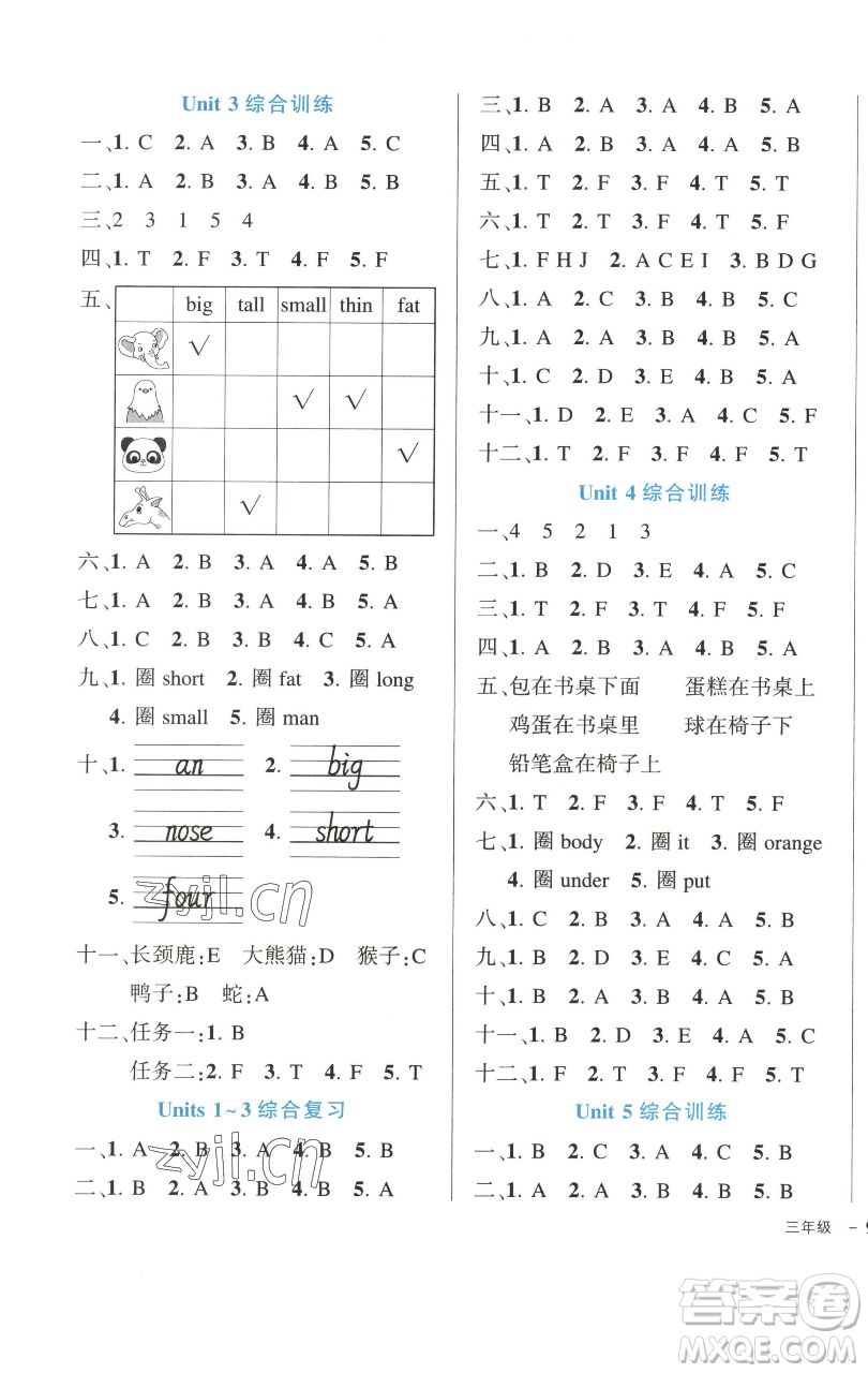 長江出版社2023黃岡狀元成才路狀元作業(yè)本三年級(jí)英語下冊人教PEP版參考答案