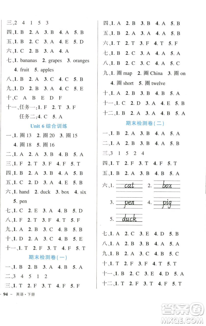 長江出版社2023黃岡狀元成才路狀元作業(yè)本三年級(jí)英語下冊人教PEP版參考答案