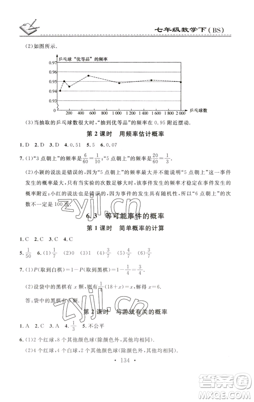 廣東經(jīng)濟出版社2023名校課堂小練習(xí)七年級數(shù)學(xué)下冊北師大版參考答案