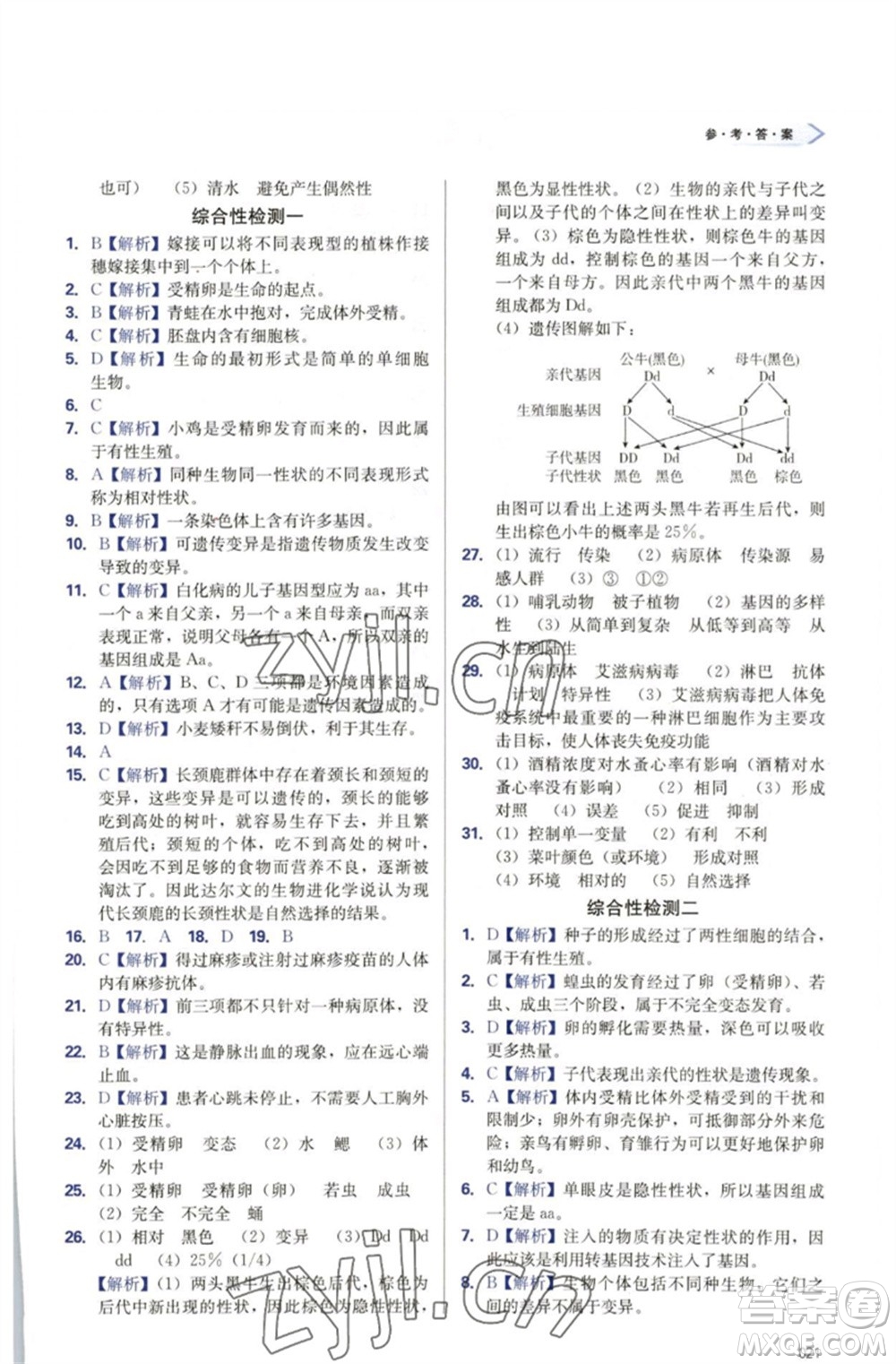 天津教育出版社2023學(xué)習(xí)質(zhì)量監(jiān)測(cè)八年級(jí)生物下冊(cè)人教版參考答案