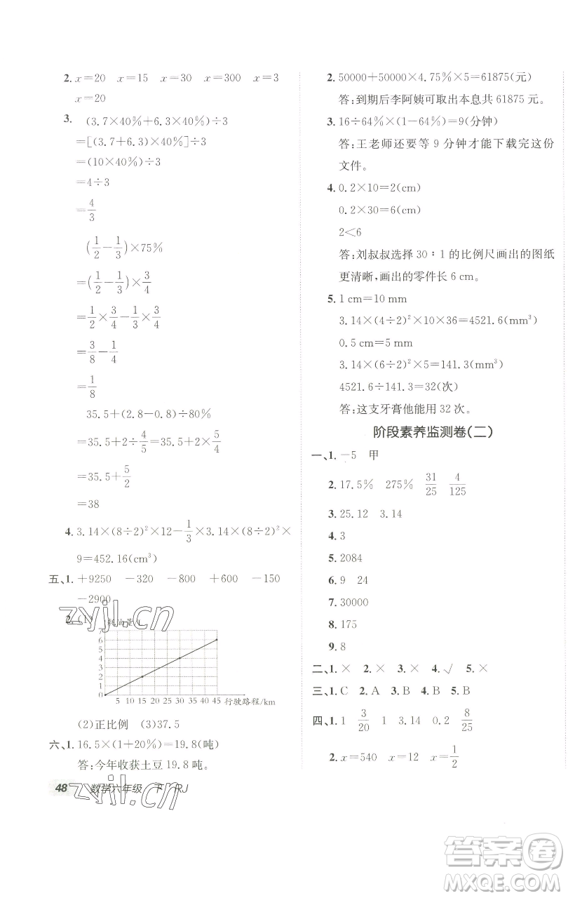 新疆青少年出版社2023海淀單元測試AB卷六年級(jí)數(shù)學(xué)下冊(cè)人教版參考答案