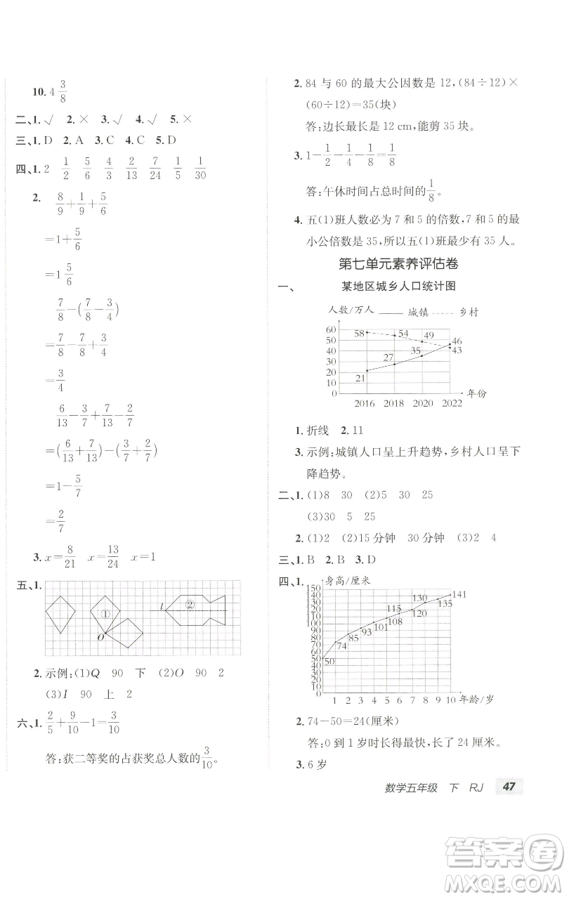 新疆青少年出版社2023海淀單元測(cè)試AB卷五年級(jí)數(shù)學(xué)下冊(cè)人教版參考答案