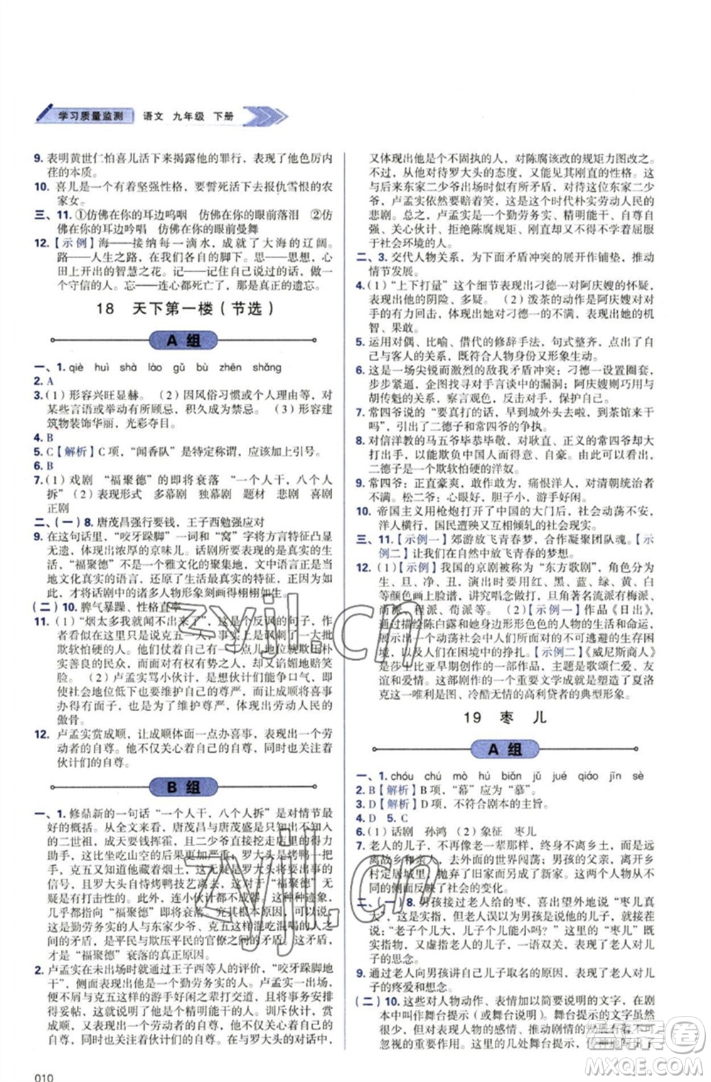 天津教育出版社2023學(xué)習(xí)質(zhì)量監(jiān)測九年級語文下冊人教版參考答案