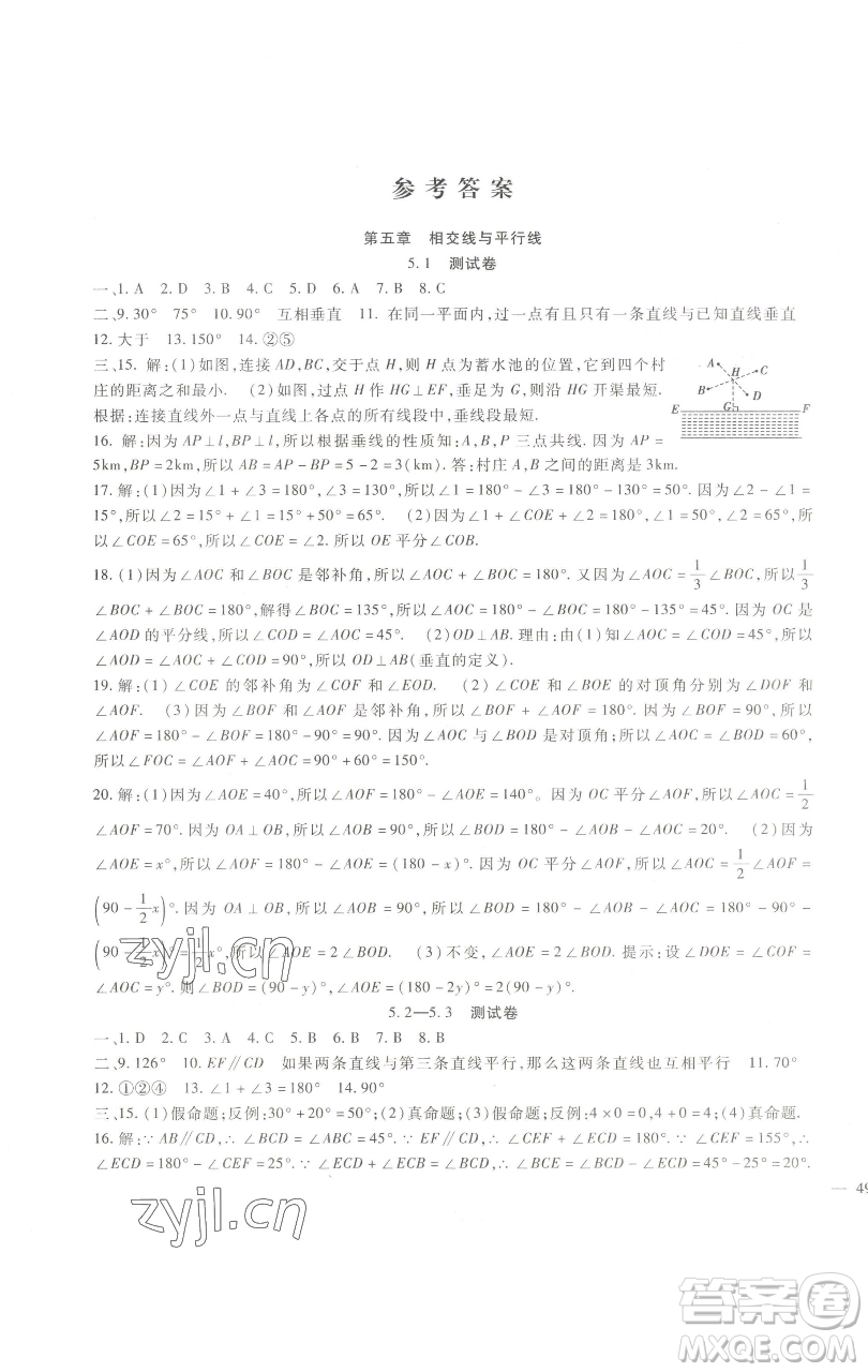 新疆文化出版社2023海淀金卷七年級數(shù)學下冊人教版參考答案