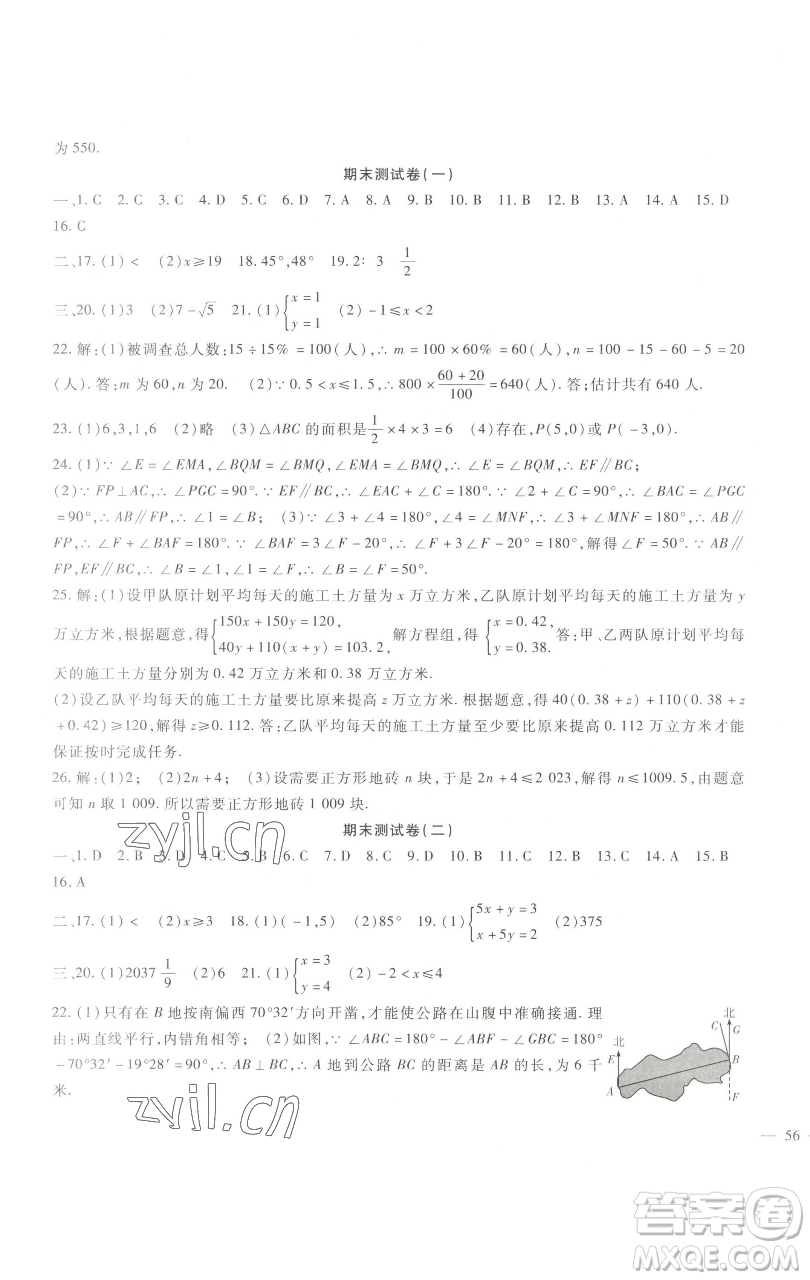 新疆文化出版社2023海淀金卷七年級數(shù)學下冊人教版參考答案