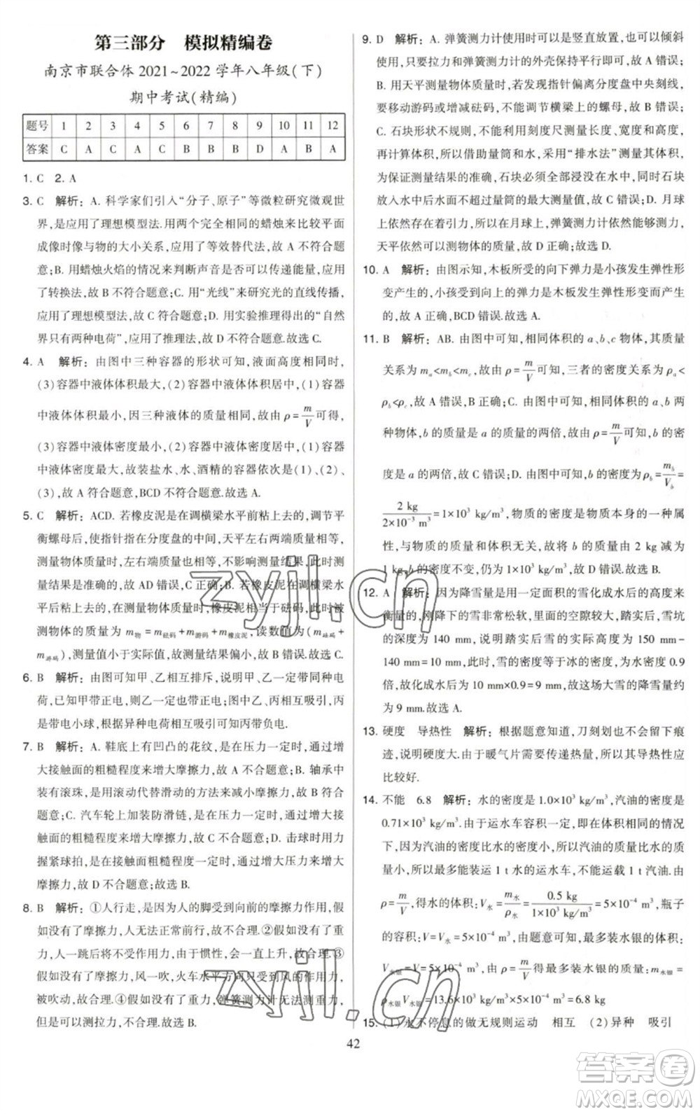 河海大學(xué)出版社2023學(xué)霸提優(yōu)大試卷八年級物理下冊蘇科版參考答案