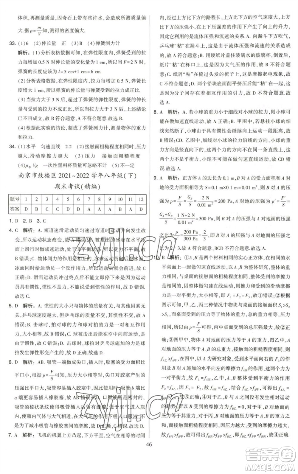 河海大學(xué)出版社2023學(xué)霸提優(yōu)大試卷八年級物理下冊蘇科版參考答案