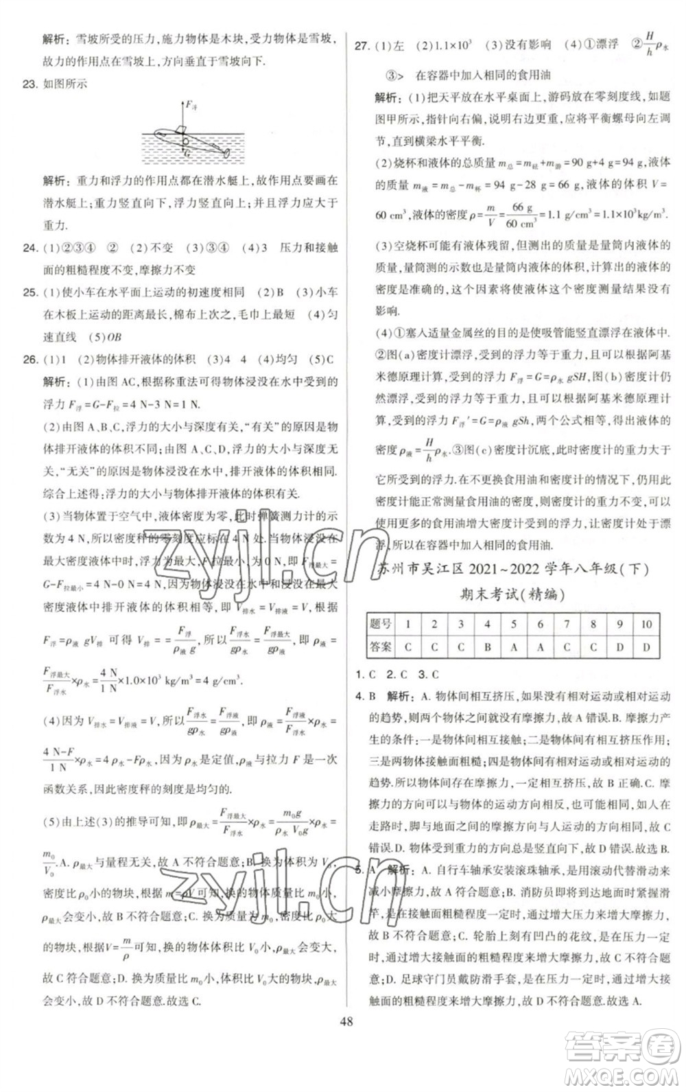 河海大學(xué)出版社2023學(xué)霸提優(yōu)大試卷八年級物理下冊蘇科版參考答案