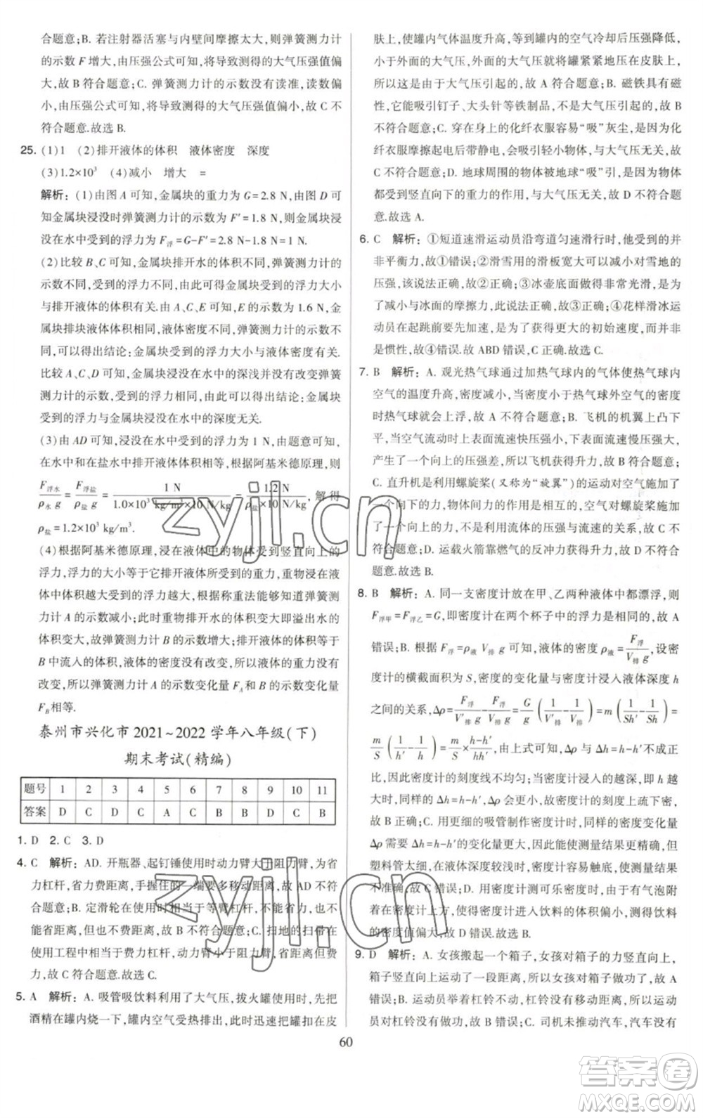 河海大學(xué)出版社2023學(xué)霸提優(yōu)大試卷八年級物理下冊蘇科版參考答案