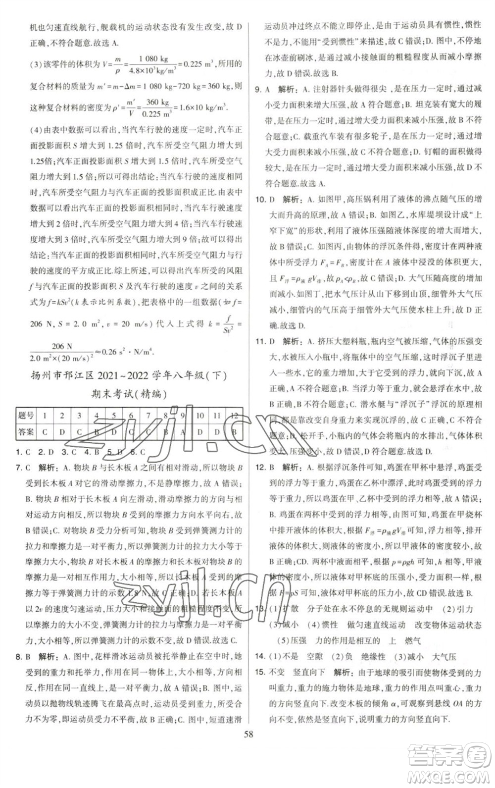 河海大學(xué)出版社2023學(xué)霸提優(yōu)大試卷八年級物理下冊蘇科版參考答案