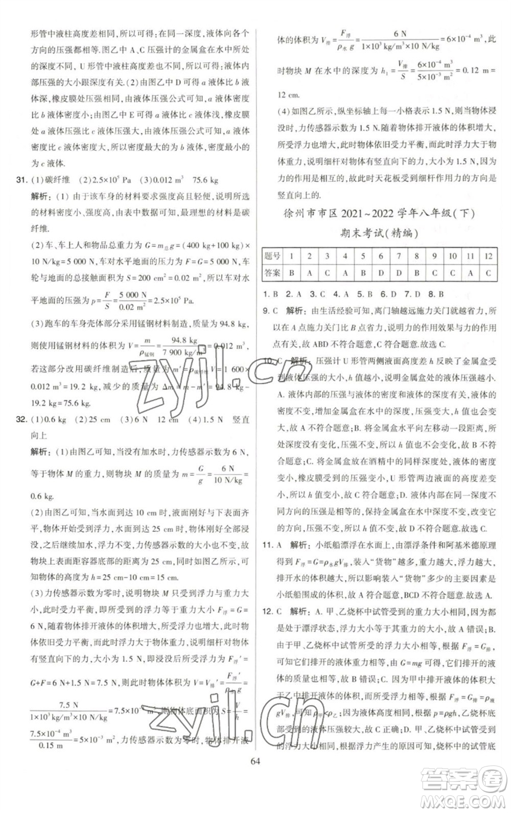 河海大學(xué)出版社2023學(xué)霸提優(yōu)大試卷八年級物理下冊蘇科版參考答案