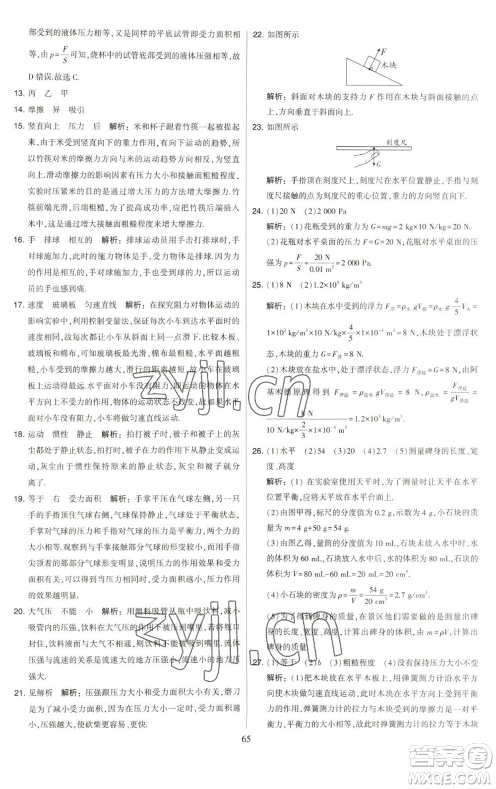 河海大學(xué)出版社2023學(xué)霸提優(yōu)大試卷八年級物理下冊蘇科版參考答案