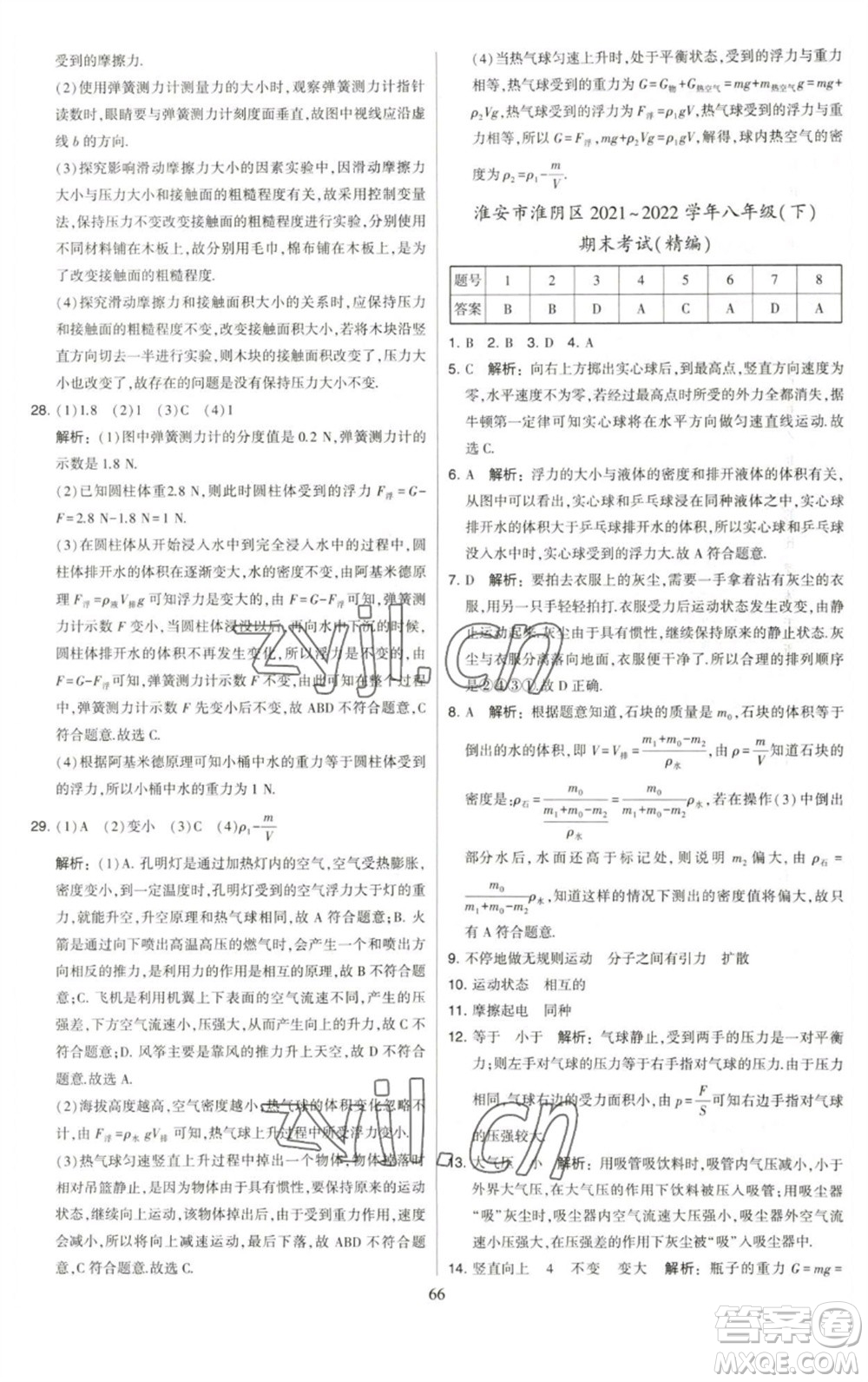 河海大學(xué)出版社2023學(xué)霸提優(yōu)大試卷八年級物理下冊蘇科版參考答案