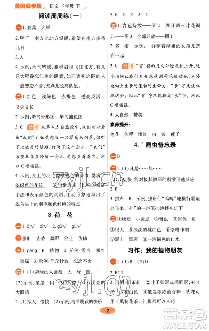 陜西師范大學出版總社有限公司2023黃岡同步練一日一練三年級語文下冊人教版參考答案