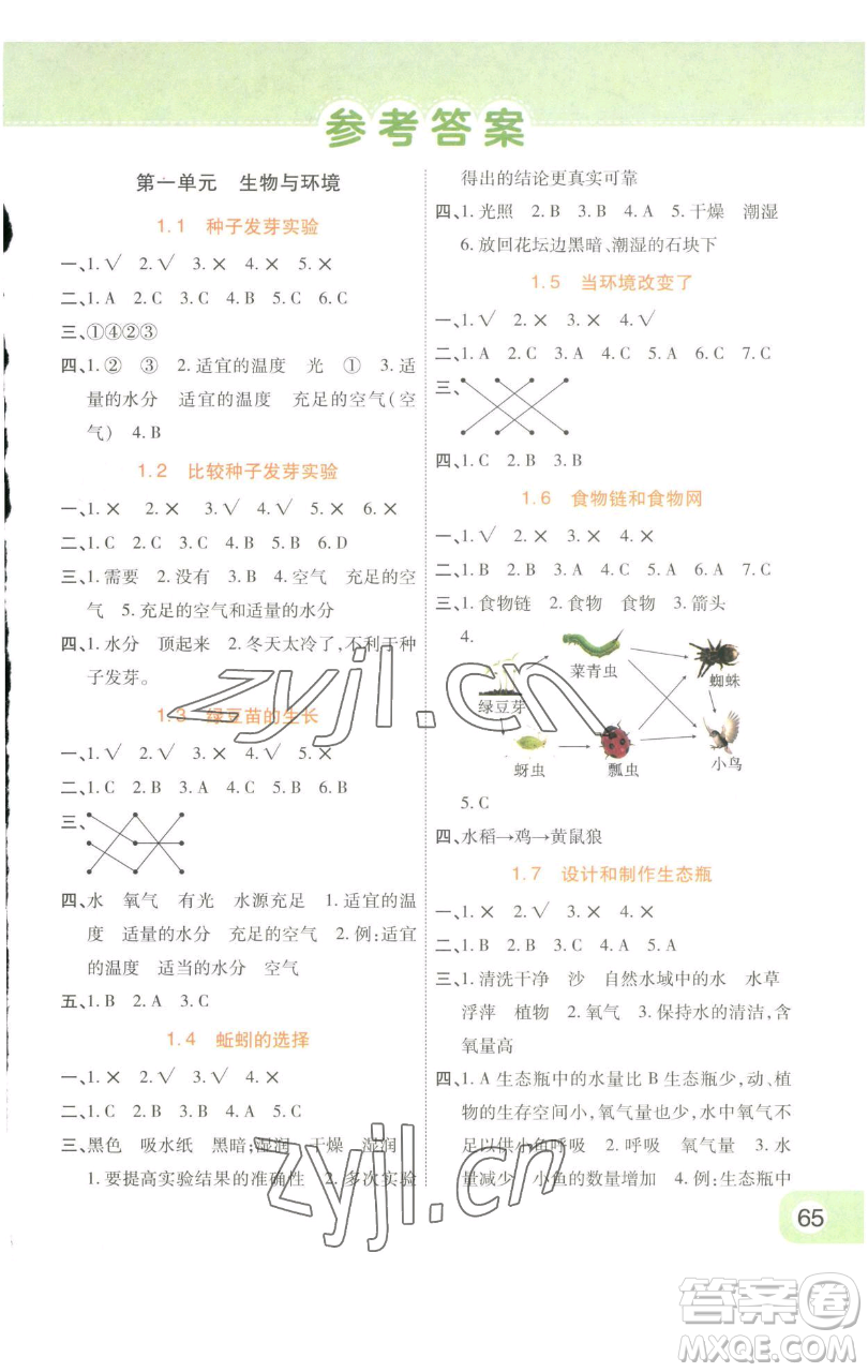 陜西師范大學(xué)出版總社有限公司2023黃岡同步練一日一練五年級(jí)科學(xué)下冊(cè)教科版參考答案