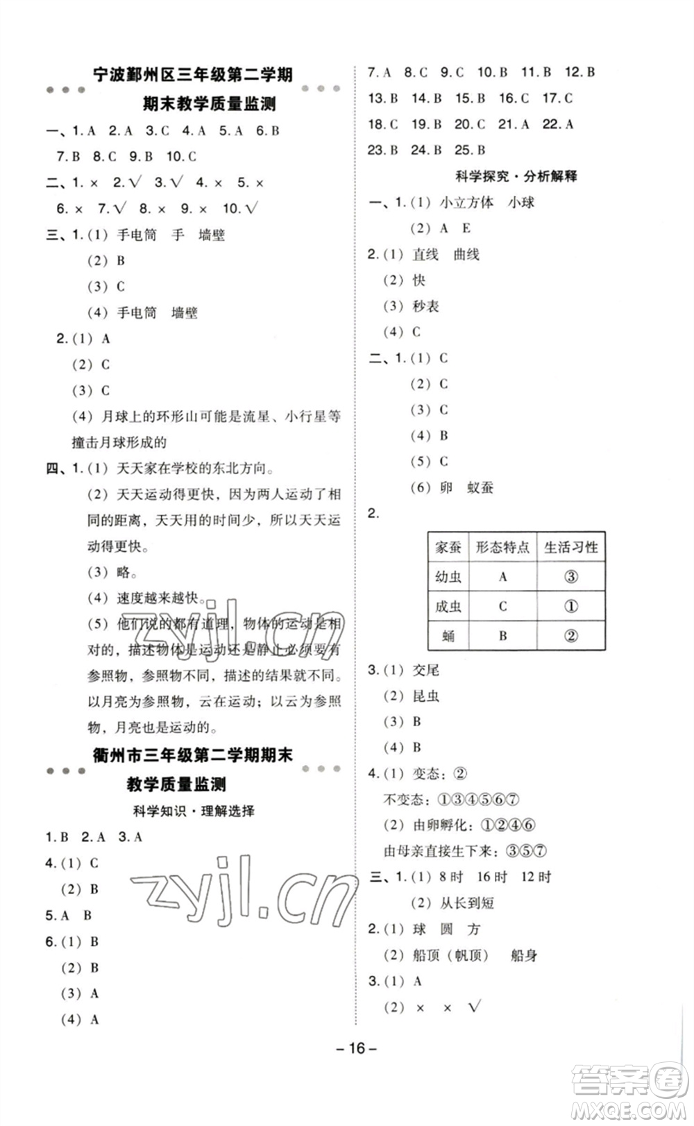 山西教育出版社2023綜合應(yīng)用創(chuàng)新題典中點(diǎn)三年級(jí)科學(xué)下冊(cè)教科版參考答案