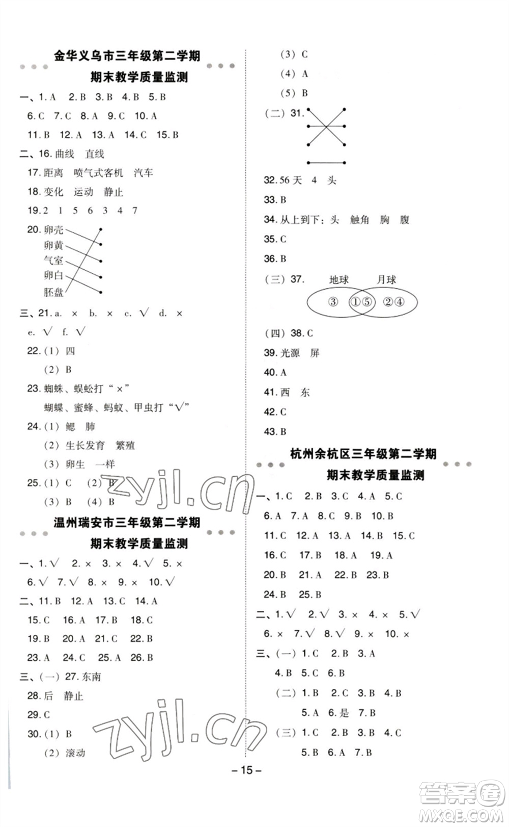 山西教育出版社2023綜合應(yīng)用創(chuàng)新題典中點(diǎn)三年級(jí)科學(xué)下冊(cè)教科版參考答案