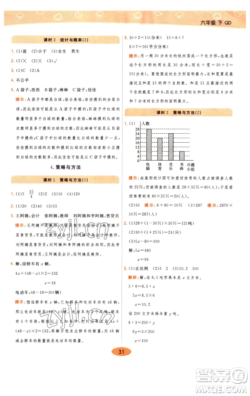 陜西師范大學(xué)出版總社有限公司2023黃岡同步練一日一練六年級數(shù)學(xué)下冊青島版參考答案