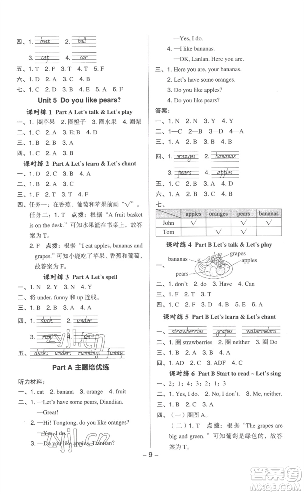 吉林教育出版社2023綜合應(yīng)用創(chuàng)新題典中點三年級英語下冊人教版浙江專版參考答案