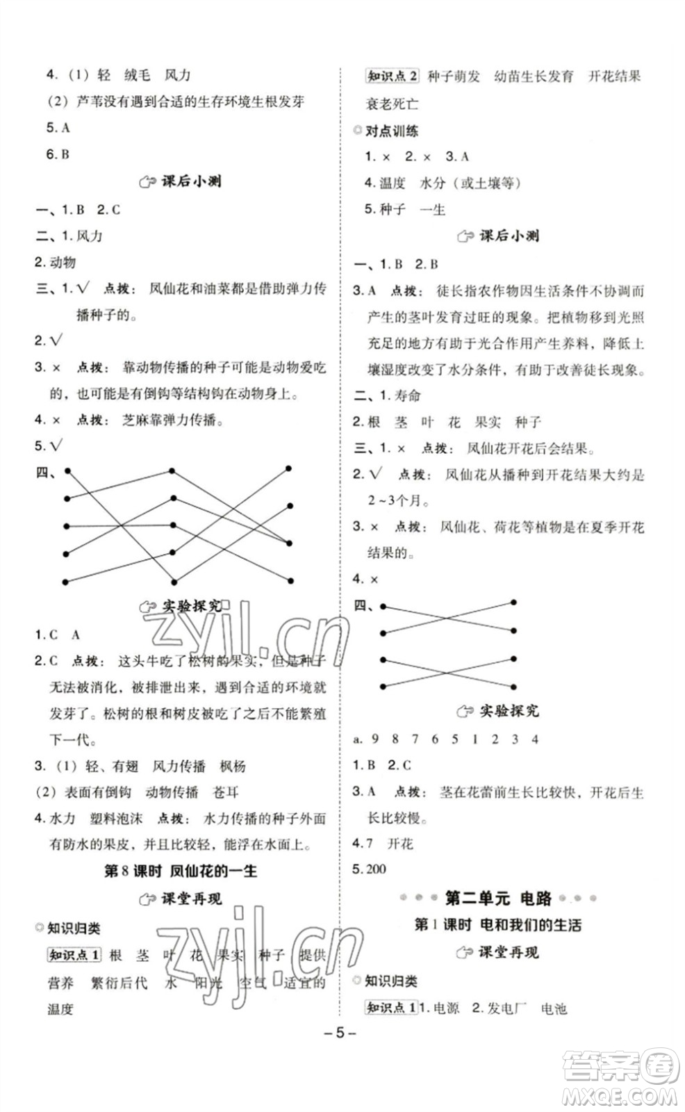 山西教育出版社2023綜合應(yīng)用創(chuàng)新題典中點(diǎn)四年級科學(xué)下冊科教版參考答案