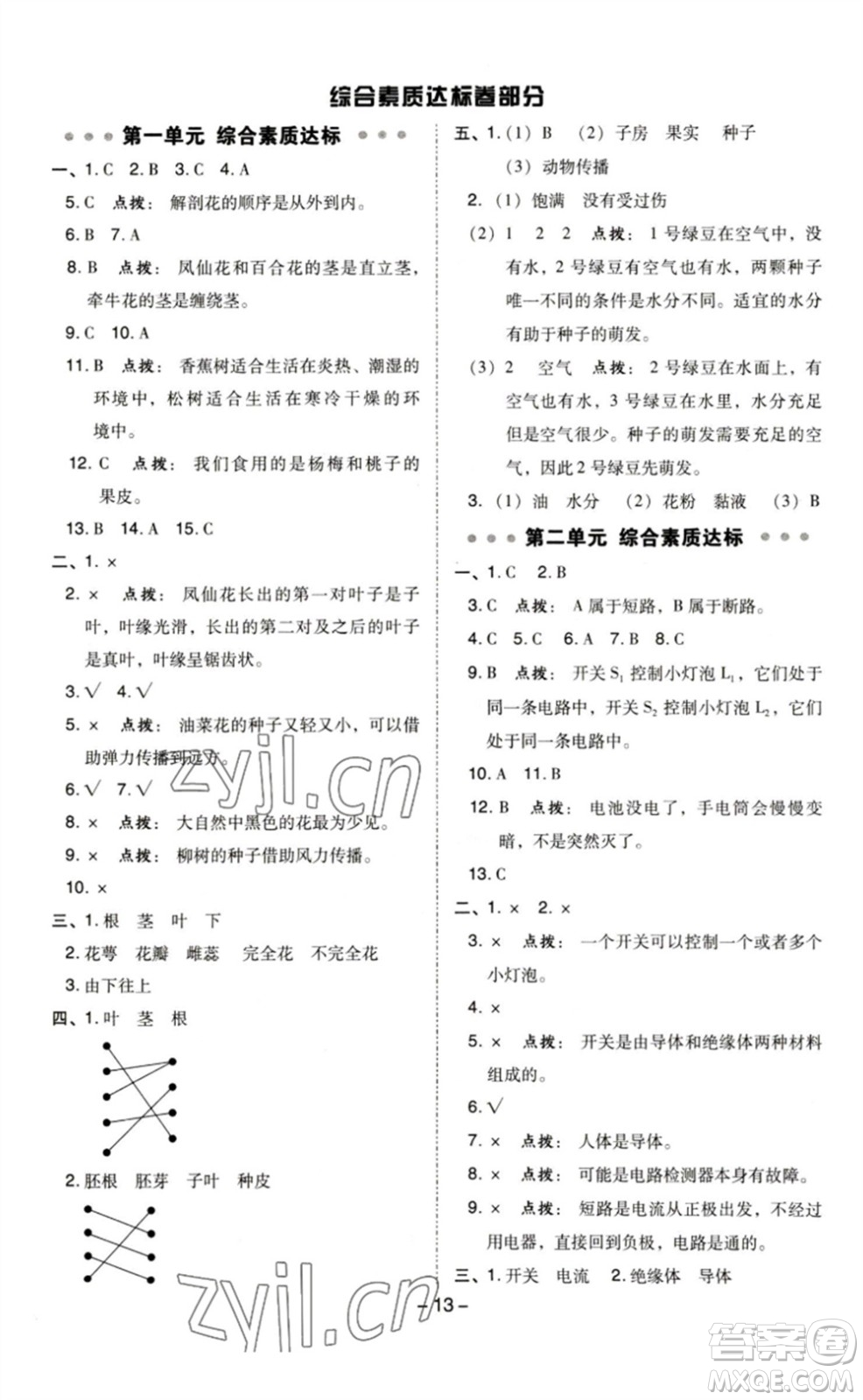 山西教育出版社2023綜合應(yīng)用創(chuàng)新題典中點(diǎn)四年級科學(xué)下冊科教版參考答案