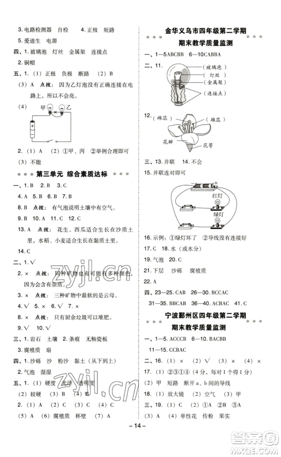 山西教育出版社2023綜合應(yīng)用創(chuàng)新題典中點(diǎn)四年級科學(xué)下冊科教版參考答案