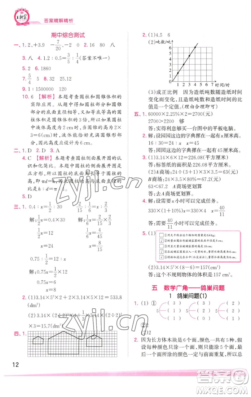 江西人民出版社2023王朝霞創(chuàng)維新課堂數(shù)學(xué)六年級(jí)下冊(cè)人教版參考答案