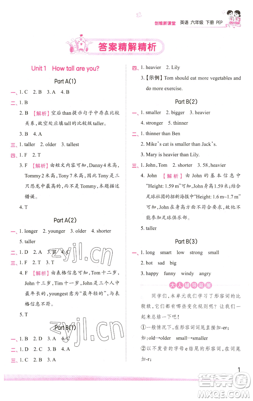 江西人民出版社2023王朝霞創(chuàng)維新課堂英語六年級下冊人教PEP版參考答案