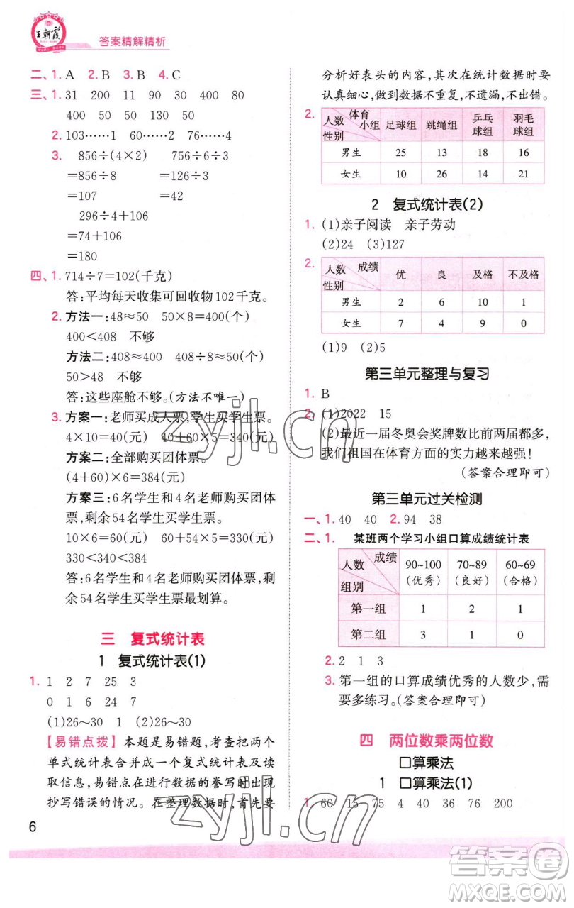 江西人民出版社2023王朝霞創(chuàng)維新課堂數(shù)學(xué)三年級(jí)下冊(cè)人教版參考答案