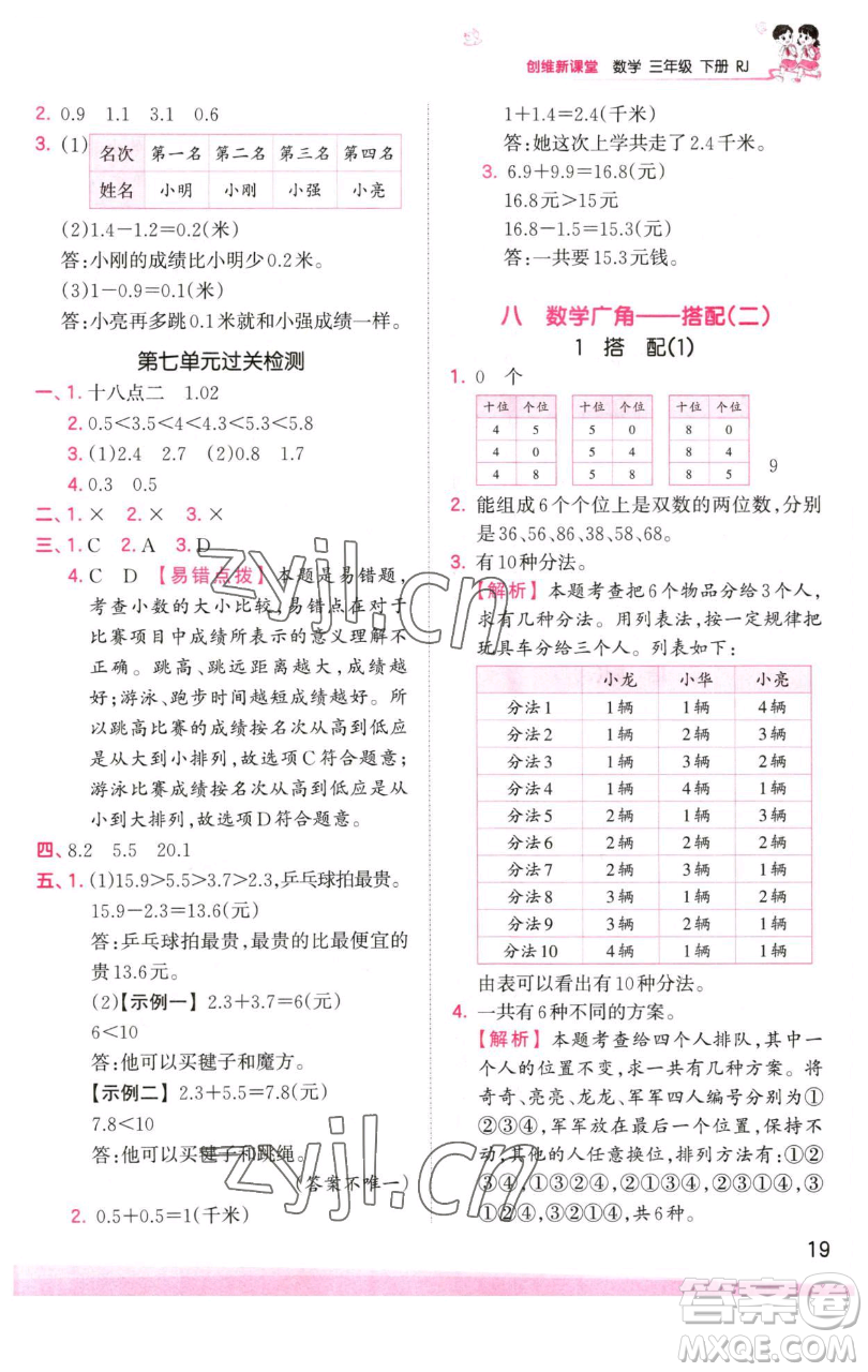 江西人民出版社2023王朝霞創(chuàng)維新課堂數(shù)學(xué)三年級(jí)下冊(cè)人教版參考答案