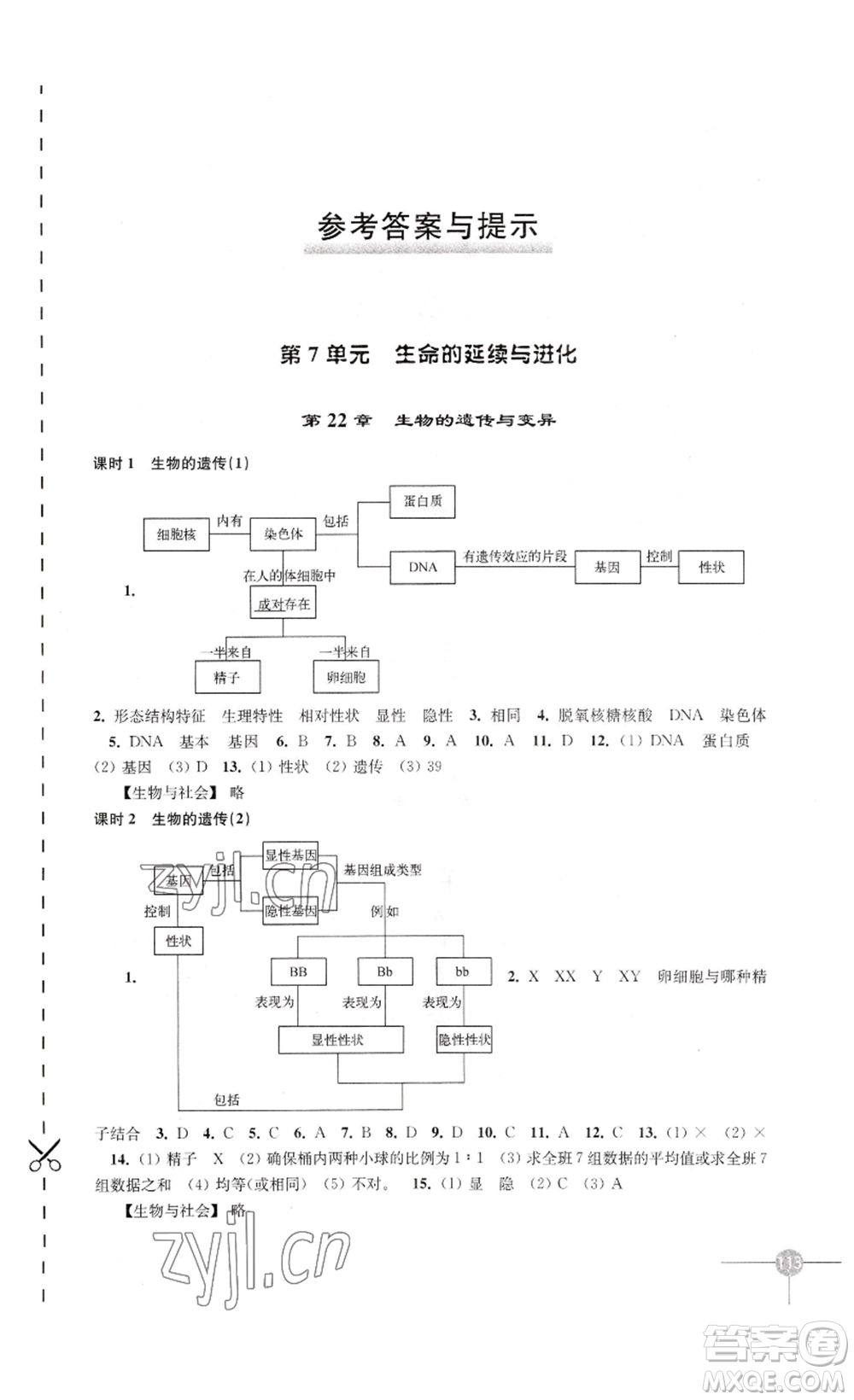 譯林出版社2023課課練初中生物學(xué)八年級(jí)下冊(cè)蘇科版答案