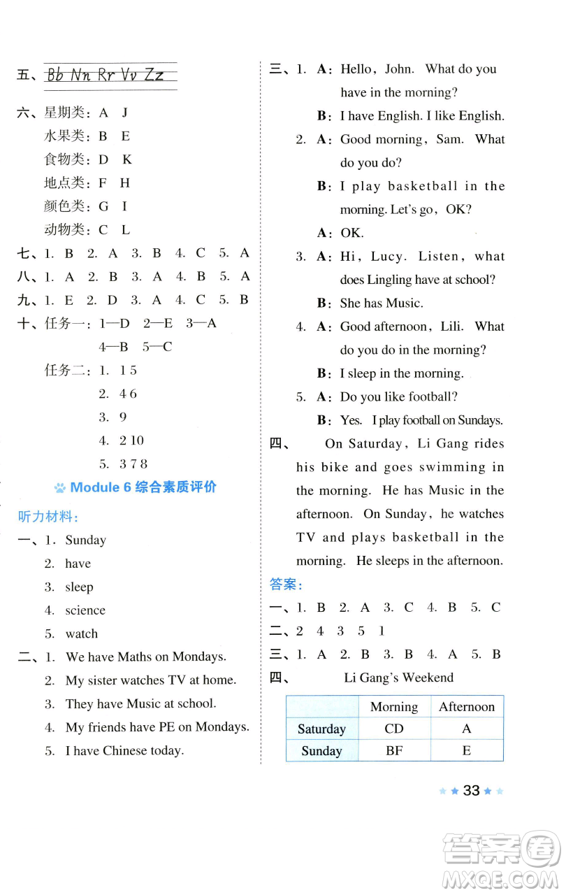 吉林教育出版社2023好卷三年級(jí)英語下冊(cè)外研版參考答案