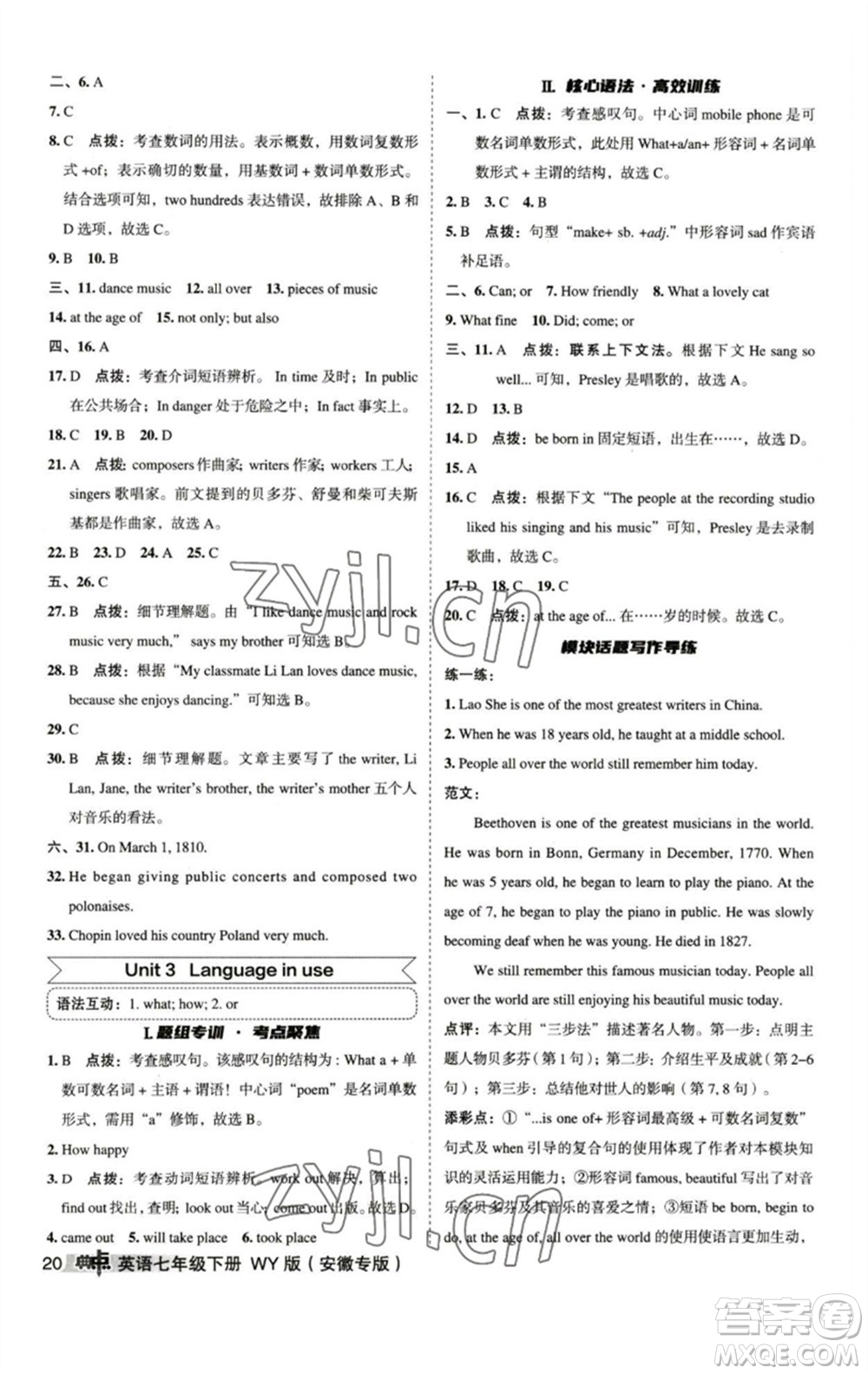 山西教育出版社2023綜合應(yīng)用創(chuàng)新題典中點七年級英語下冊外研版安徽專版參考答案